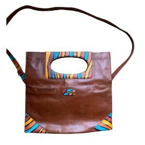 Land Leather Fold over Clutch Crossbody Convertible Brown Art Boho Ethnic